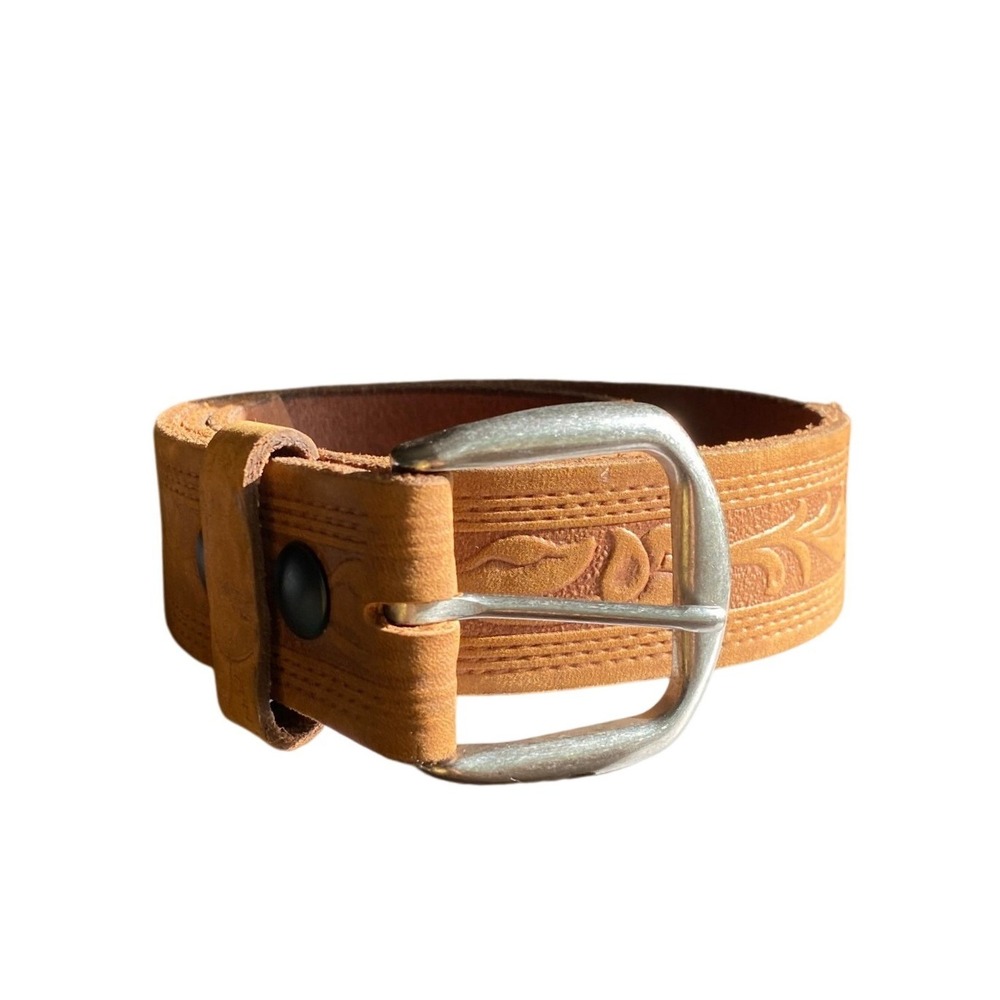 Vintage Tooled Leather Western Brown Belt Embossed Silver Buckle 30‎ Cowboy Boho